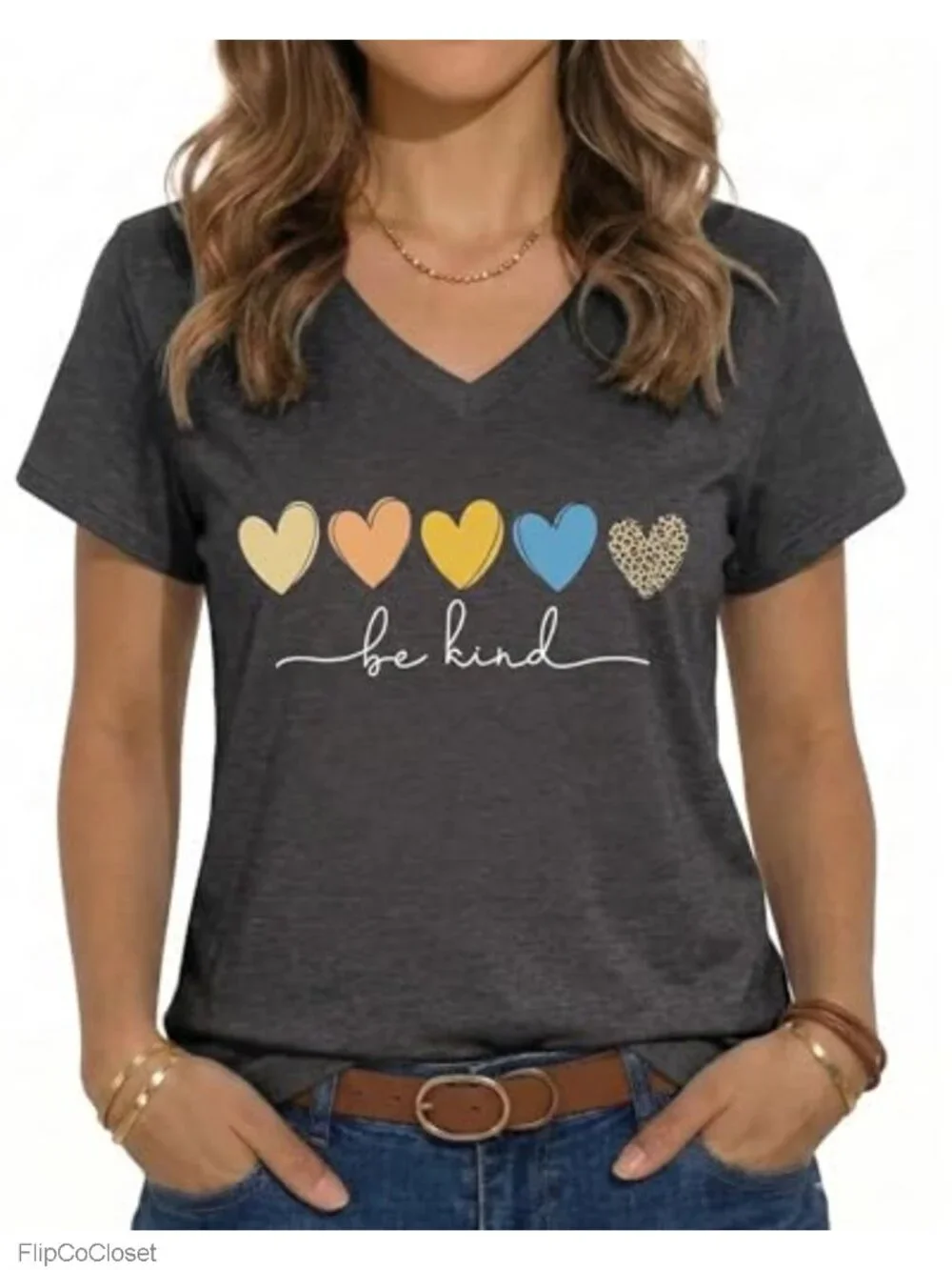 Women's V-Neck Short Sleeve Graphic Tee - Soft Stretchy Tunic Summer Top